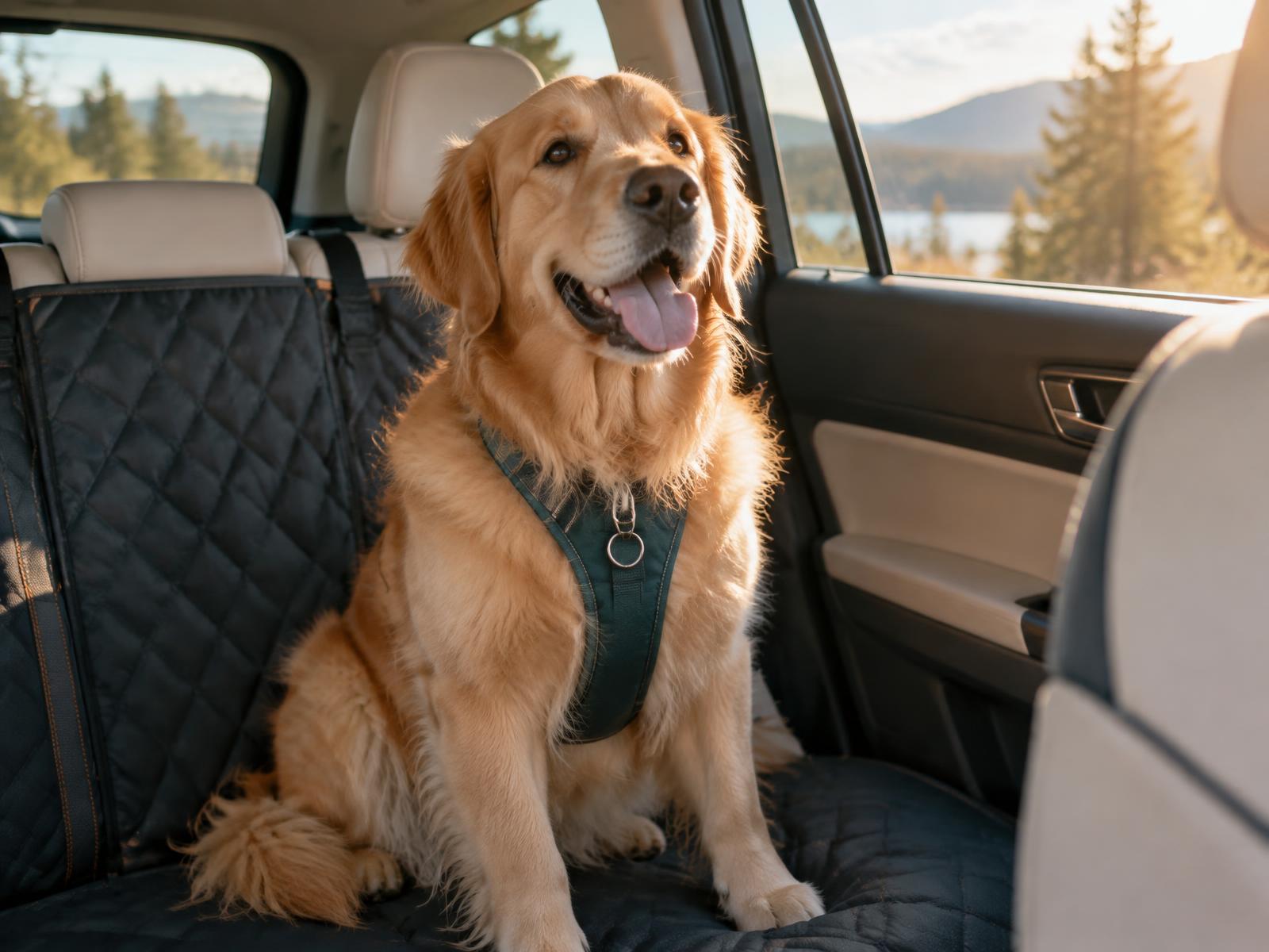 Golden retriever riding safely in the back seat of a car